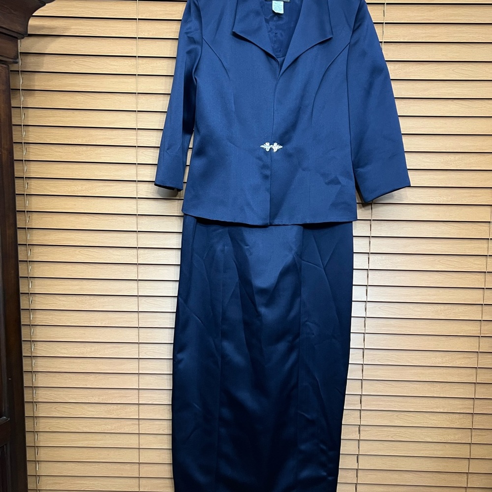 Alex Evenings Size 14P Navy Blue two piece maxi dress